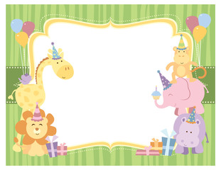 A vector illustration of a blank empty background frame with cute safari animals with birthday party hats, balloons and gifts