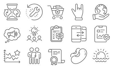 Set of Business icons, such as Hourglass, Megaphone. Diploma, ideas, save planet. Ranking stars, Eye checklist, Phone communication. Beans, Remove purchase, Survey. Vector