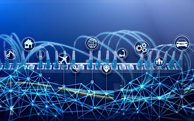 IOT internet of things digital technology concept. Server room background.