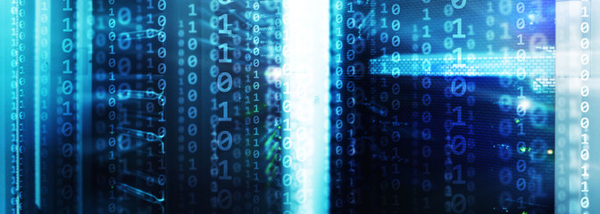 Matrix Futuristic theme multiple exposure binary numbers. Data center Website Banner.