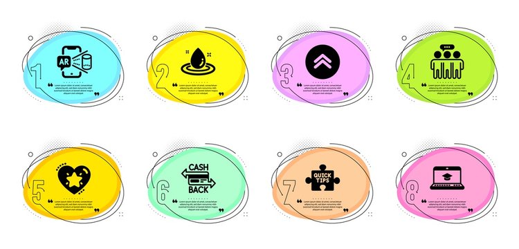 Website education, Augmented reality and Ranking star signs. Timeline infographic. Quick tips, Cashback card and Swipe up line icons set. Employees group, Fuel energy symbols. Vector
