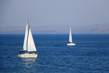 Fototapeta na wymiar Sailing boat on the sea in southern Dalmatia region in Croatia. Beautiful landscape and bright summer day.