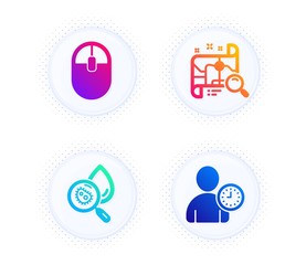 Search map, Computer mouse and Water analysis icons simple set. Button with halftone dots. Time management sign. Find address, Pc equipment, Aqua bacteria. User with clock. Business set. Vector