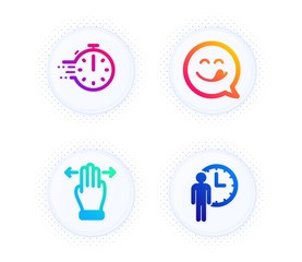 Yummy smile, Cooking timer and Multitasking gesture icons simple set. Button with halftone dots. Waiting sign. Emoticon, Stopwatch, Swipe. Service time. Technology set. Vector