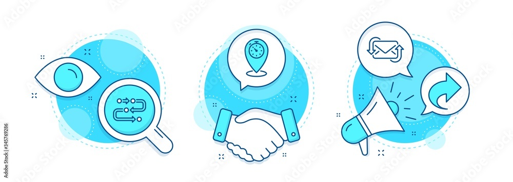 Poster timer, share and methodology line icons set. handshake deal, research and promotion complex icons. r