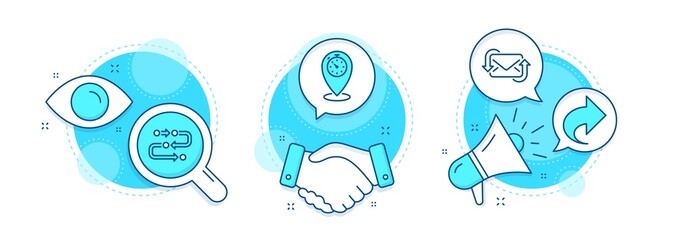 Timer, Share and Methodology line icons set. Handshake deal, research and promotion complex icons. Refresh mail sign. Location pointer, Link, Development process. New e-mail. Technology set. Vector