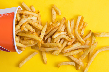  French fries on yellow background.