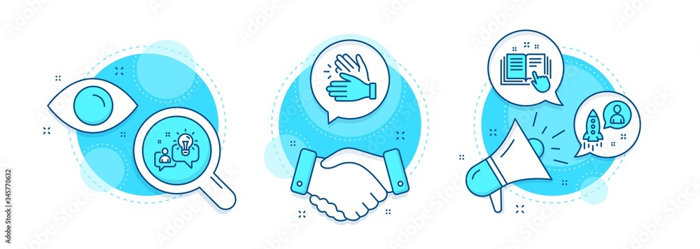 Poster startup, idea and technical documentation line icons set. handshake deal, research and promotion com