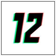 Number 12, twelve vector desing logo.Dynamic, split-color, shadow of  number red, green, blue in black frame on white background.For social media,design elements, anniversary celebration greeting