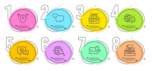 Loyalty card, Search mail and Swipe up signs. Timeline steps infographic. Web search, Typewriter and Seo gear line icons set. Idea lamp, Speech bubble symbols. Find internet, Writer machine. Vector