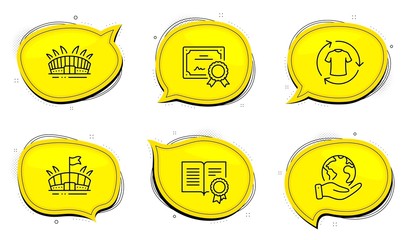 Change clothes sign. Diploma certificate, save planet chat bubbles. Diploma, Arena stadium and Arena line icons set. Document with badge, Sport complex, Sport stadium. Shirt. Sports set. Vector