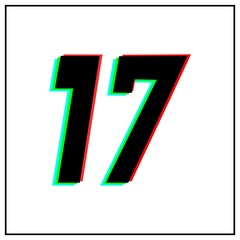 Number 17, seventeen vector desing logo.Dynamic, split-color, shadow of  number red, green, blue in black frame on white background.For social media,design elements, anniversary celebration greeting