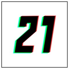 Number 21, twenty one vector desing logo.Dynamic, split-color, shadow of  number red, green, blue in black frame on white background.For social media,design elements, anniversary celebration greeting