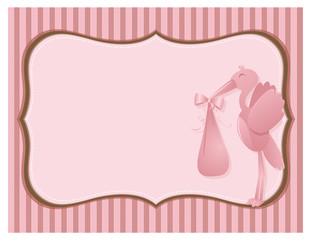 A vector illustration of a pink scrapbook style invitation background with a stork carrying a baby in a sack