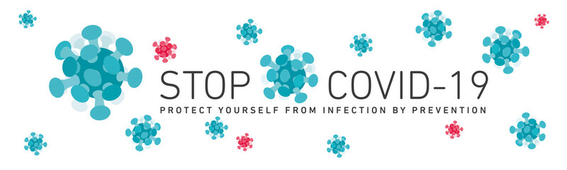 Stop Covid-19 Coronavirus infection infographic logo icons symbol white background banner