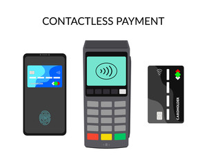 The concept of a bank pos terminal for paying for services using a card, phone, including contactless payment. Acquiring. Vector illustration on a white background.