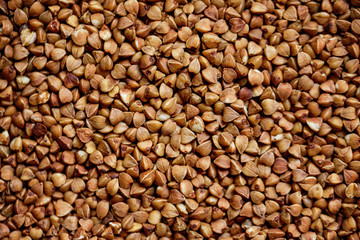 Organic uncooked Scattered buckwheat grain texture background. Healthy concept. buckwheat pattern