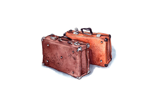 watercolor illustration of an old leather brown suitcase, vintage, retro. Isolated