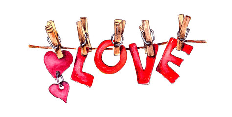 illustration for a postcard, for an invitation, the word Love on linen pins