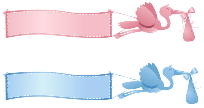 A vector illustration of a pink and blue flying stork carrying a baby in a sack and with a banner flying behind