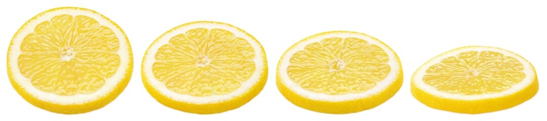 Set of sliced lemon citrus fruit lying down isolated on white background. Lemon slices in row with clipping path. Full depth of field.