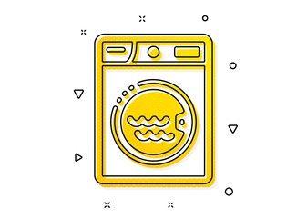 Washing machine sign. Laundry icon. Hotel service symbol. Yellow circles pattern. Classic laundry icon. Geometric elements. Vector