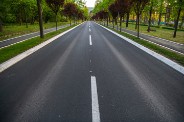 Black asphalt road and white dividing lines
