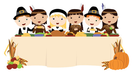 A vetor illustration of cute Pilgrim and Native American Indians at the first Thanksgiving table. - obrazy, fototapety, plakaty