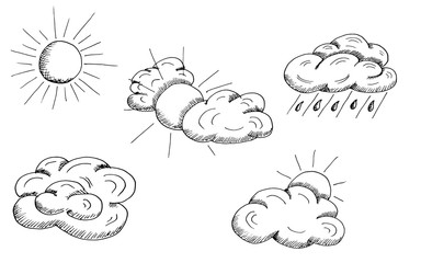 Weather conditions. Evolution of rainy weather - bright sky and sun, clouds, raining. Hand drawn vector illustration in sketch realistic style. Concept of forecast, prediction, autumn, summer.