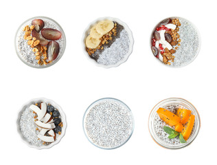 Set of different puddings with chia seeds on white background, top view