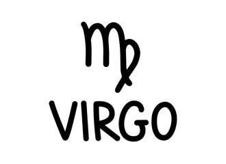 Virgo. Handwritten name and icon of sign of zodiac. Modern marker. Black vector text isolated on white background. Minimalistic style