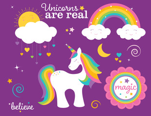 A vector illustration of a collection of cute fantasy magic images: unicorn, rainbow, sun and cloud with heart raindrops, flower with the word magic, and sparkles and swirls and text