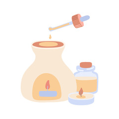 Aroma lamp with essential oil dropper. Ceramic incense burner, pipette, bottle of oil, and candles. Set of elements for SPA and aromatherapy. Wellness and relaxation card design.