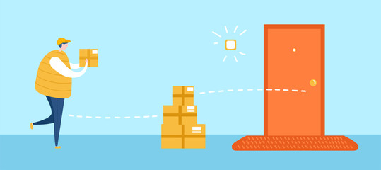 Drop off delivery service. Vector illustration on courier service during self-isolation and quarantine period. Delivery man leaves the boxes on the safe distance to the door. Social distancing concept
