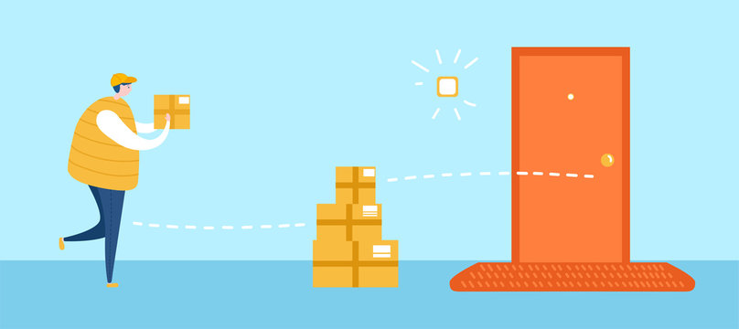 Drop off delivery service. Vector illustration on courier service during self-isolation and quarantine period. Delivery man leaves the boxes on the safe distance to the door. Social distancing concept