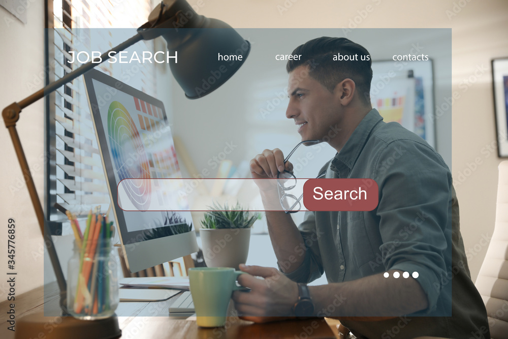 Poster search bar of internet browser and professional designer working with computer in office. double exp