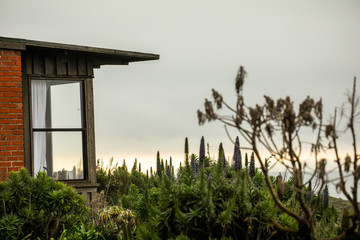 The edge of a rural cabin with a view of the ocean at sunset. 
