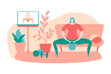Vector illustration Home fitness. Woman doing sumo squat with kettlebell. Working out with fitness video online. Exercising at home. Active lifestyle during self-isolation and quarantine period.