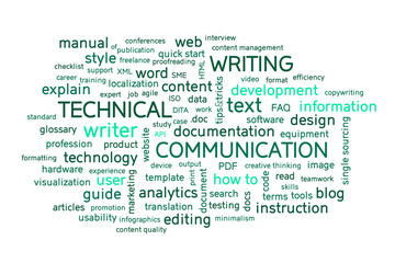 Technical writing word cloud. Technical writer or communicator, documentation, profession concept. Illustration.