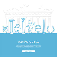 Welcome to Greece. Vector illustration of famous Greek symbols. Ancient columns, vases, and musical instruments and Parthenon behind. Travel to Greece landing page design.