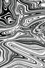 Abstract vertical background of chaotic smooth lines. Black-and-white texture of wavy solid and dotted stripes, liquid streaks, spots and dots. Overlay template. Vector illustration