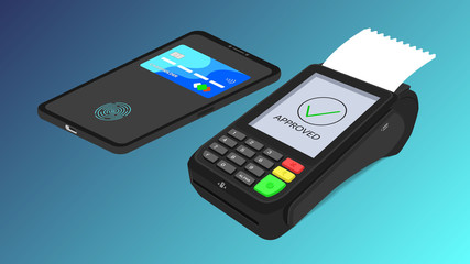 The concept of a bank pos terminal for paying for services using a card, phone, including contactless payment. Acquiring. Vector isometric 3d illustration, on a blue background.