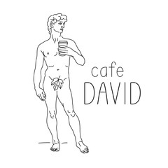 Cafe David. Sculpture of David with a coffee in his hands. Art coffee shop