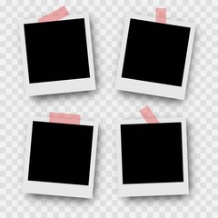 Photo Frame Collection. Polaroid photo frame set.Photo frames with realistic drop shadow vector effect isolated design.Photo frames fixed with adhesive tape on a transparent. Vector design background