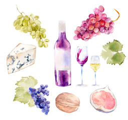Watercolor illustration of red wine bottle with glasses and white and rose grape, cheese appetizer, nut, ripe fig. Hand draw round card background with food objects.