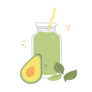 Fresh avocado and spinach smoothie. Glass bottle with a straw, fruit and leave. Detox summer drink in doodle style. Whimsical food illustration.