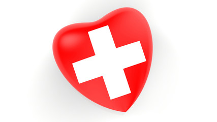 flag of Switzerland in heart on white background, 3d rendering