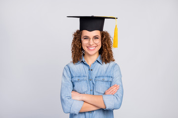 Close-up portrait of her she nice-looking attractive lovely intellectual confident cheerful cheery wavy-haired girl wearing cap folded rams isolated over light gray pastel color background