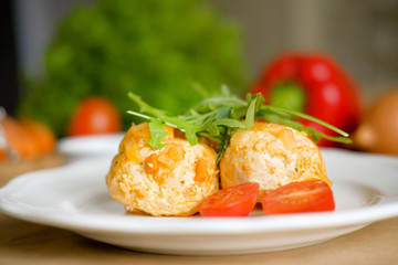 meatballs in orange sauce top view. Meatballs with vegetables. Russian kitchen