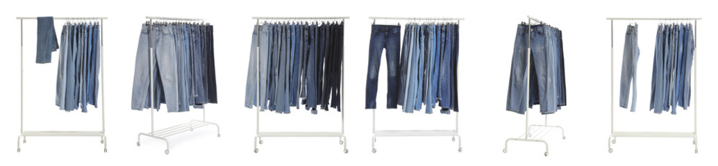 Set with racks of different jeans on white background. Banner design